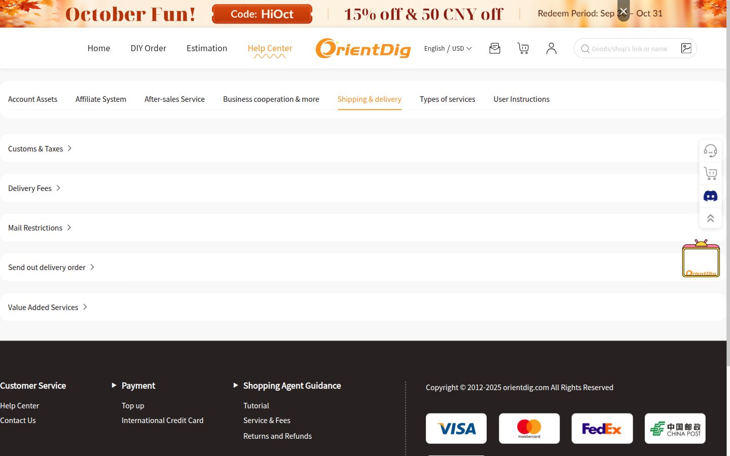 Official OrientDig Help Center, Shipping & delivery tab: Customs & Taxes, Delivery Fees, Mail Restrictions